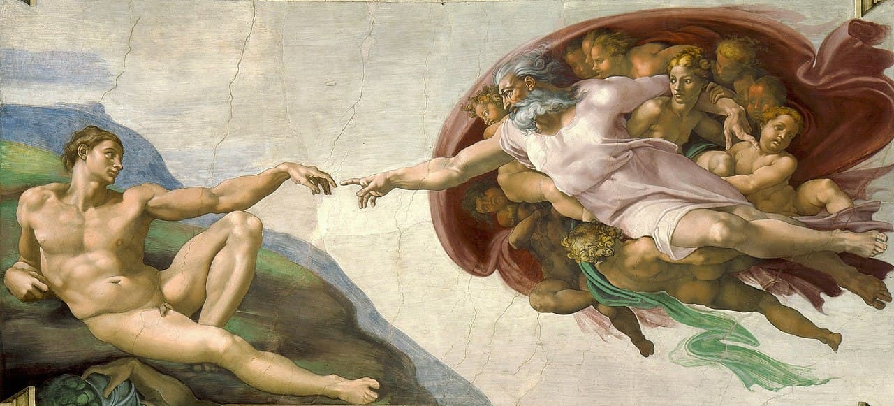 Michelangelo's Creation of Adam fresco, with two hands reaching toward one another