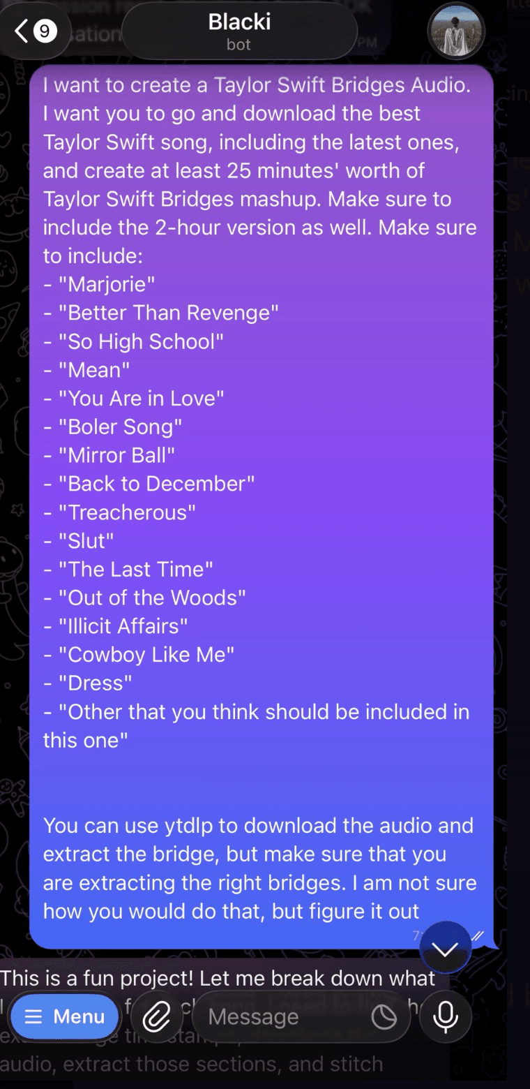 Telegram prompt asking Blacki to create a Taylor Swift bridges audio mix